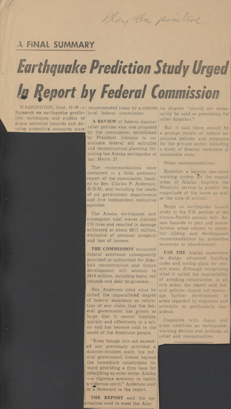 Newspaper article on earthquake prediction study urged in report by federal commission