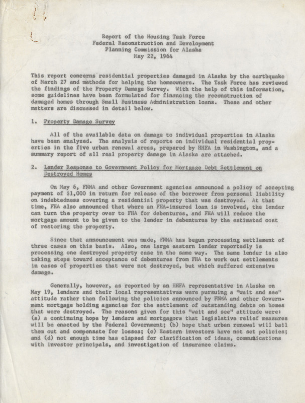 Report of the housing task force Federal Reconstruction and Development Planning Commission for Alaska, May 22, 1964