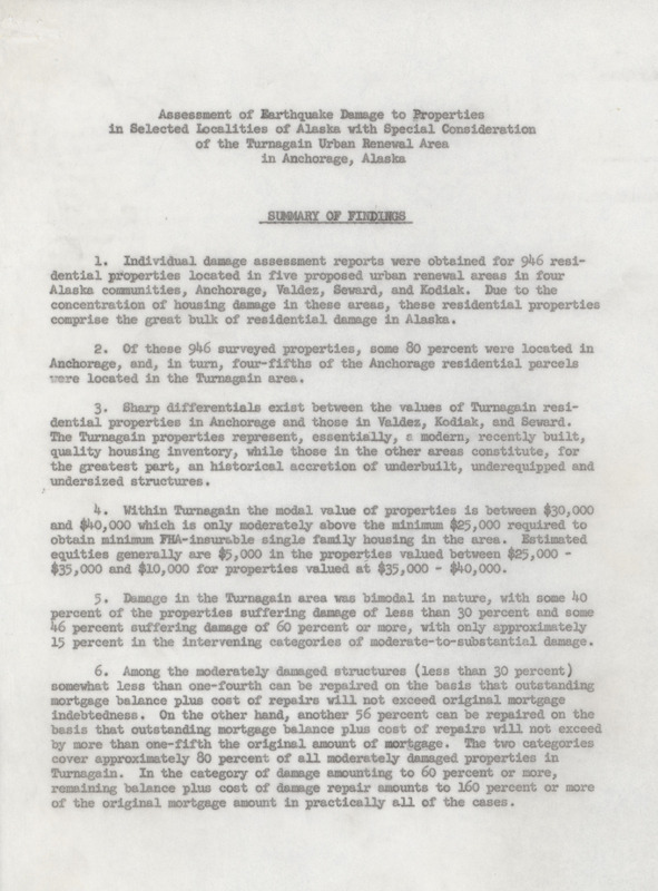 Assessment of earthquake damage to properties in selected localities of Alaska with special consideration of the Turnagain urban renewal area in Anchorage, Alaska