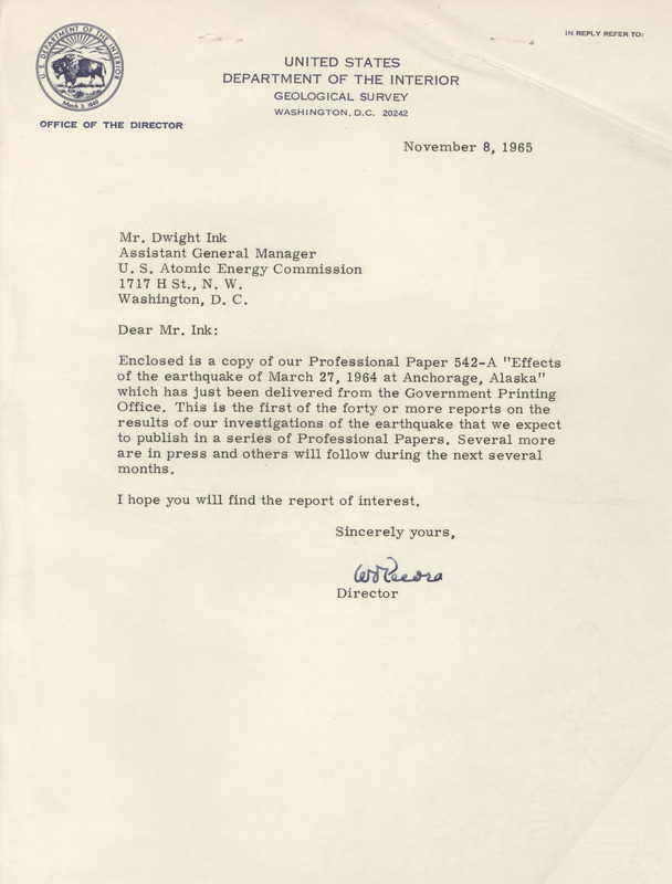William Pecora letter to Dwight Ink, November 8, 1965