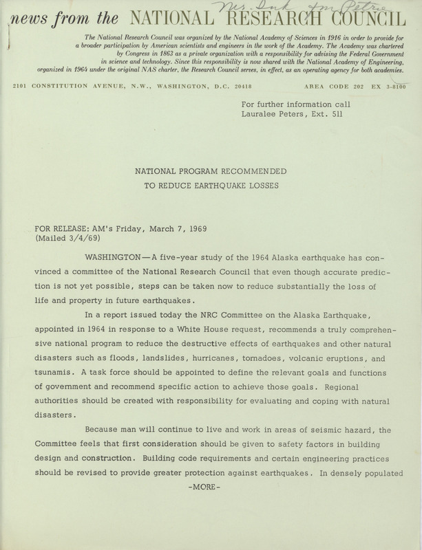 News from the National Research Council: national program recommended to reduce earthquake losses, March 7, 1969