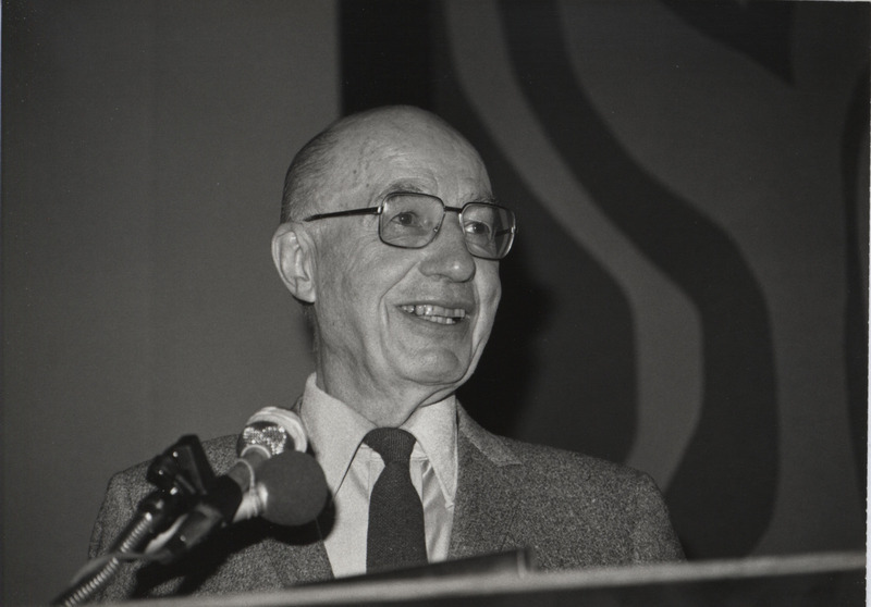 Photograph of Joseph H. FitzGerald at the great Alaska earthquake remembrance banquet, March 27, 1984