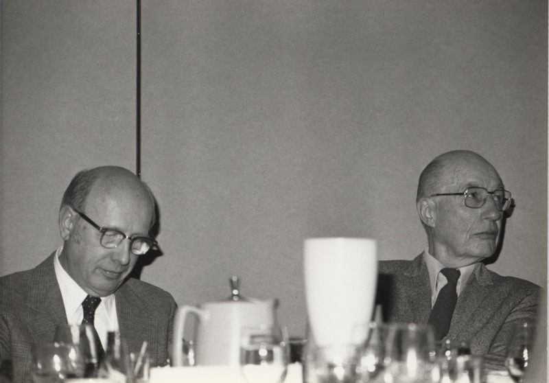 Photograph of Dwight A. Ink and Joseph H. FitzGerald at the great Alaska earthquake remembrance banquet, March 27, 1984