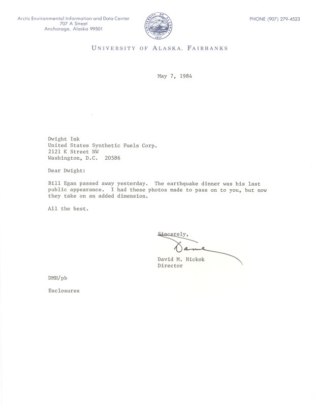 David M. Hickok letter to Dwight Ink, May 7, 1984