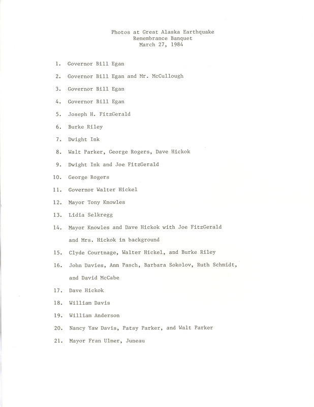 List of photos taken at the great Alaska earthquake remembrance banquet, March 27, 1984