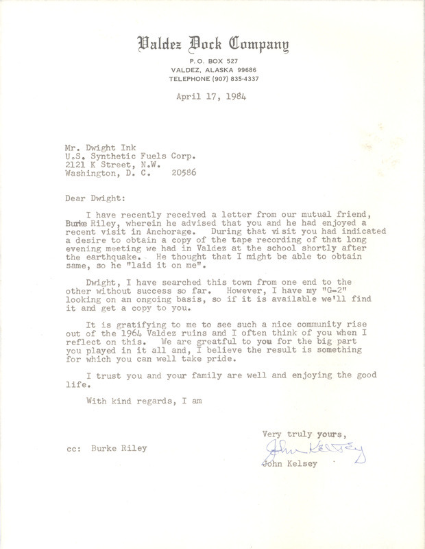 John Kelsey letter to Dwight Ink, April 17, 1984