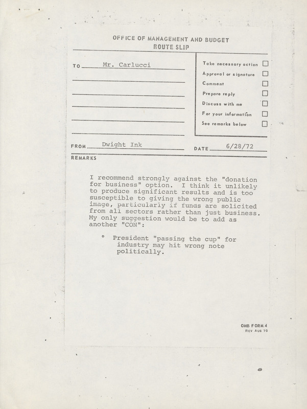 Dwight Ink route slip to Frank Carlucci, June 28, 1972