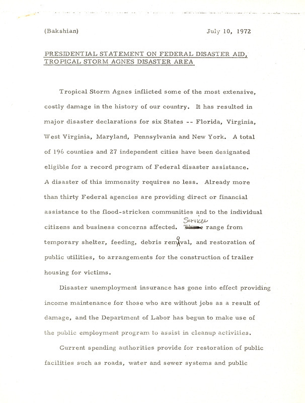Presidential statement on federal disaster aid, tropical storm Agnes disaster area