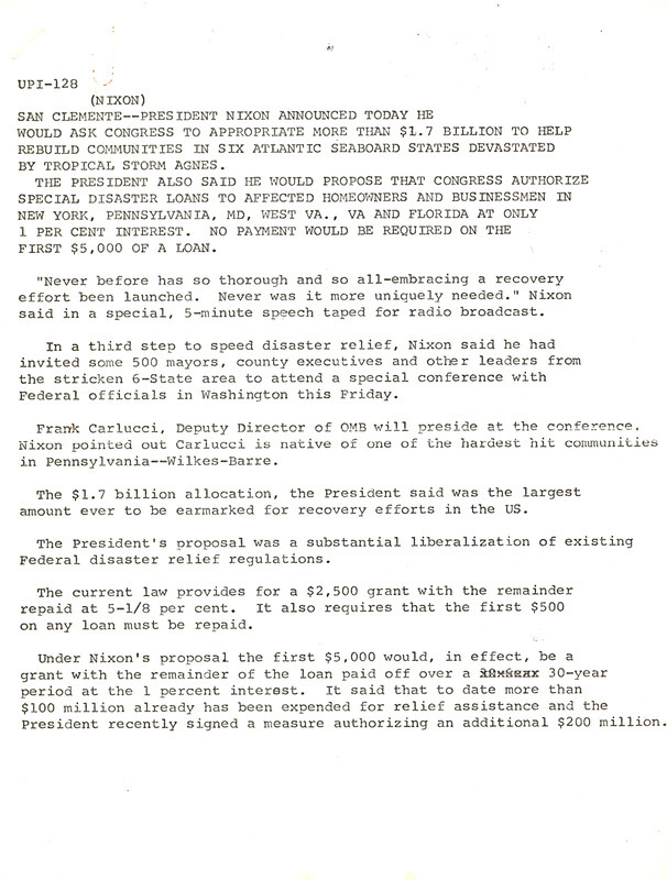 UPI newswire article about Nixon's tropical storm Agnes relief announcement