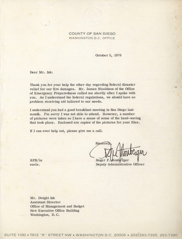 Roger F. Honberger letter to Dwight Ink, October 5, 1970