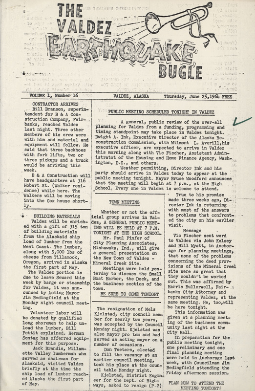 The Valdez earthquake bugle, June 25, 1964