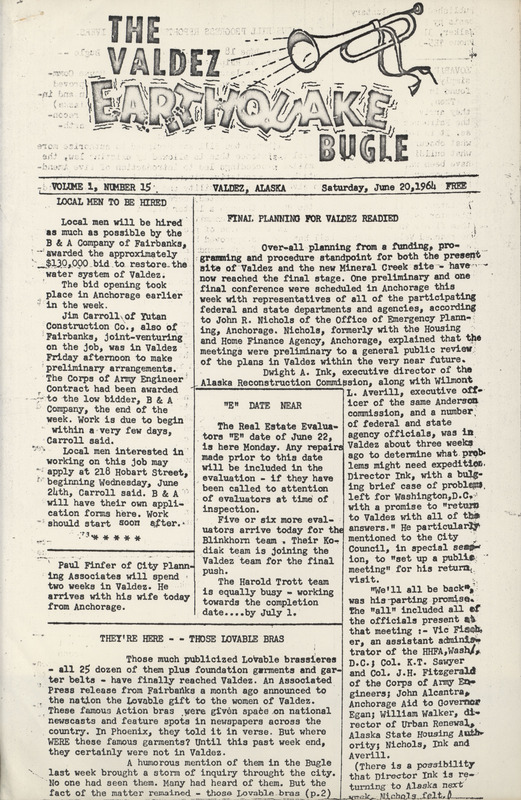 The Valdez earthquake bugle, June 22, 1964