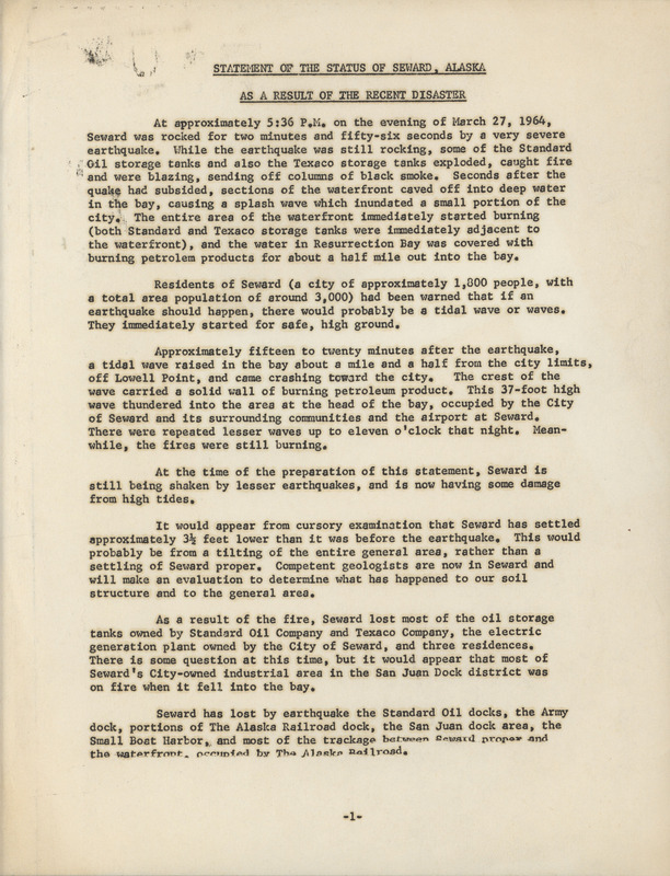 Statement of the status of Seward, Alaska, as a result of the recent disaster