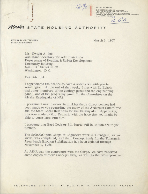 Edwin B. Crittenden letter to Dwight A. Ink, March 3, 1967