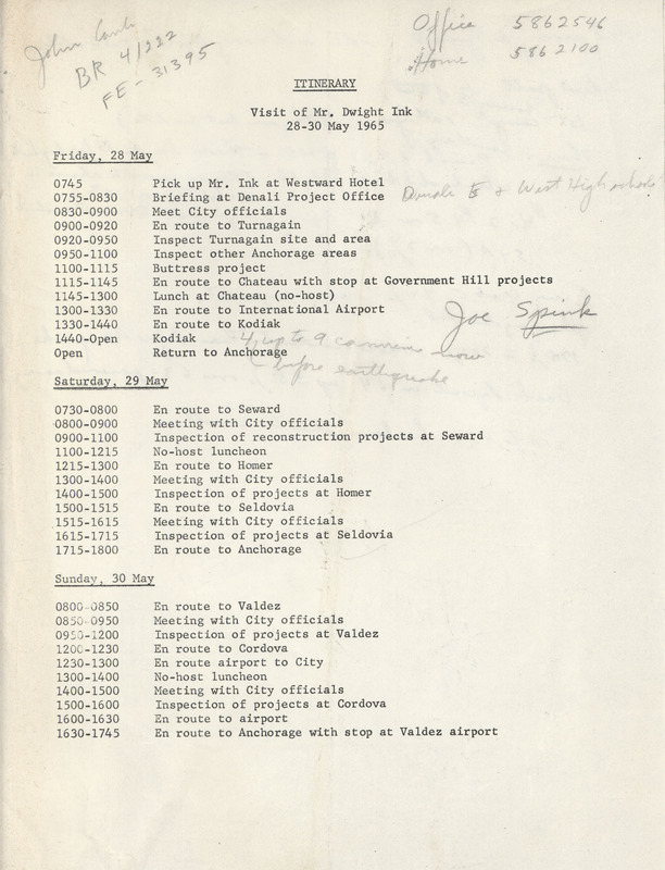 Itinerary: visit of Mr. Dwight Ink, 28-30 May, 1965
