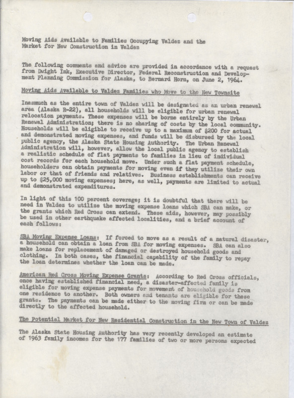 Moving aids available to families occupying Valdez and the market for new construction in Valdez