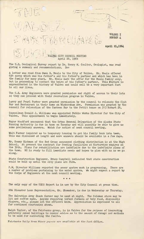 The Valdez earthquake bugle, April 21, 1964