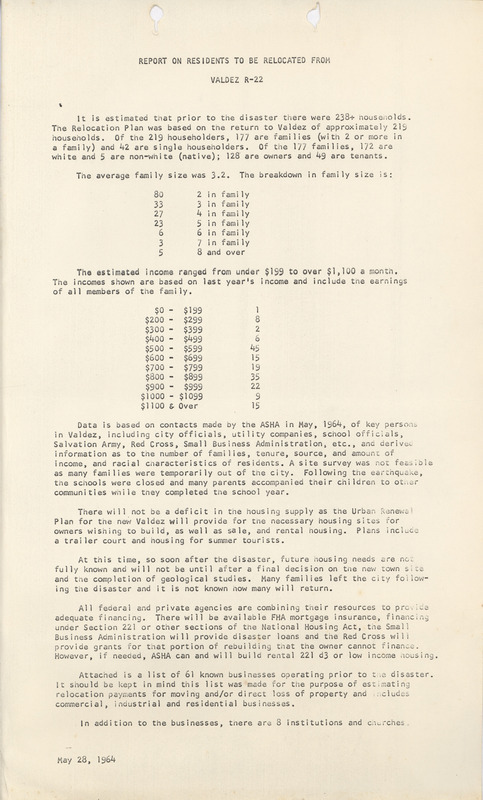 Report on residents to be relocated from Valdez R-22