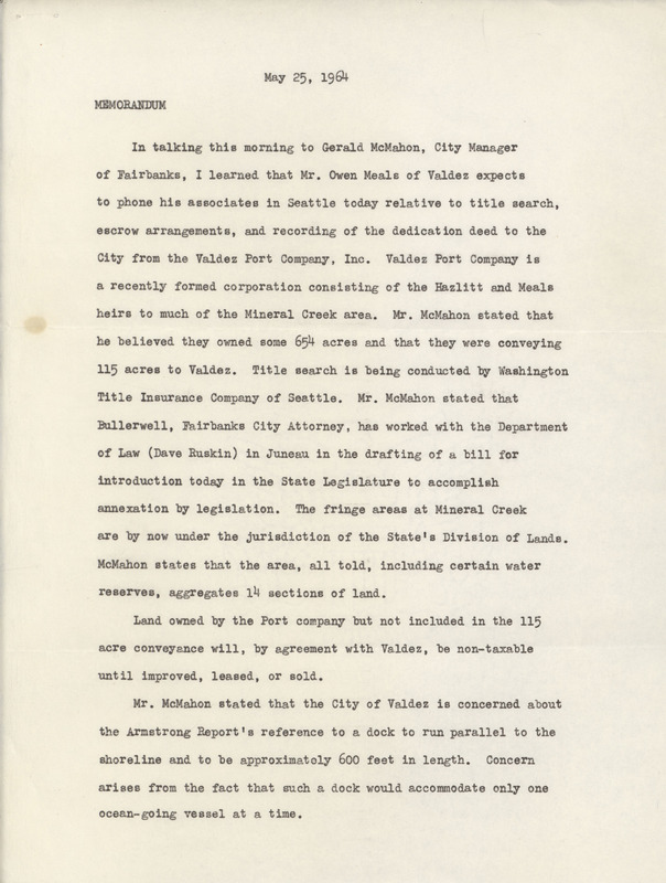 Memorandum regarding land transfer, May 25, 1964