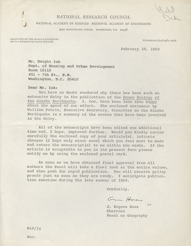 Gene Haas letter to Dwight Ink, February 18, 1969