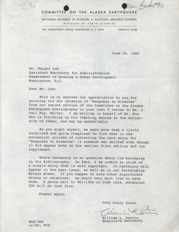 William L. Petrie letter to Dwight Ink, June 16, 1966