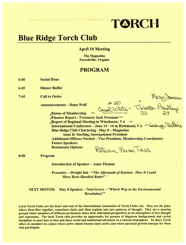 Blue Ridge Torch Club April 10 meeting program