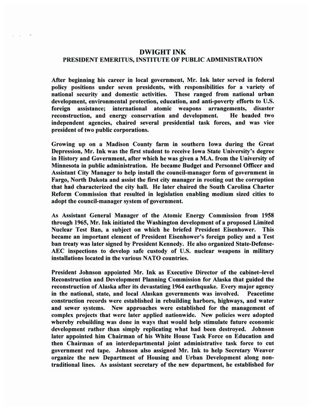 Dwight Ink: President Emeritus, Institute of Public Administration