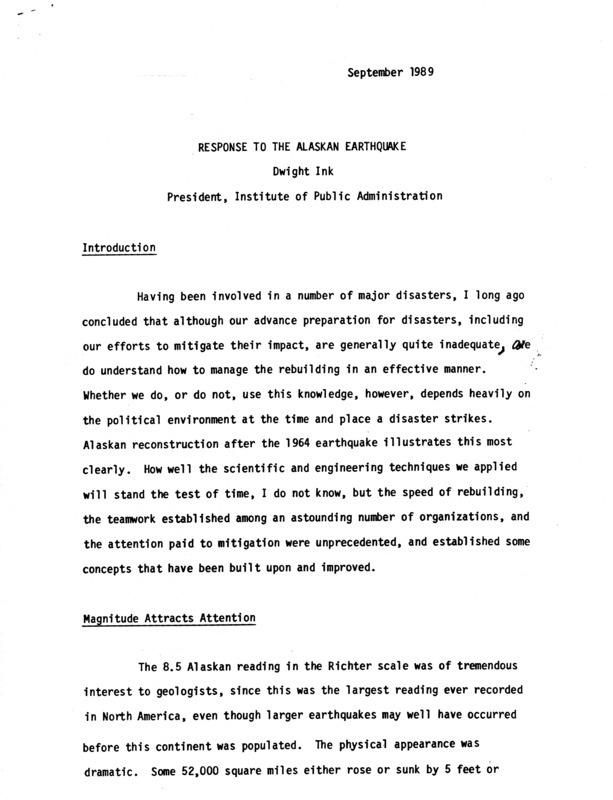 Response to the Alaskan earthquake, September 1989