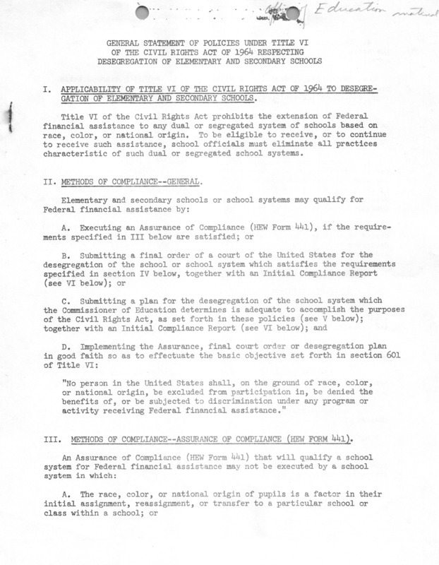 General statement of policies under Title VI of the Civil Rights Act of 1964 respecting desegregation of elementary and secondary schools