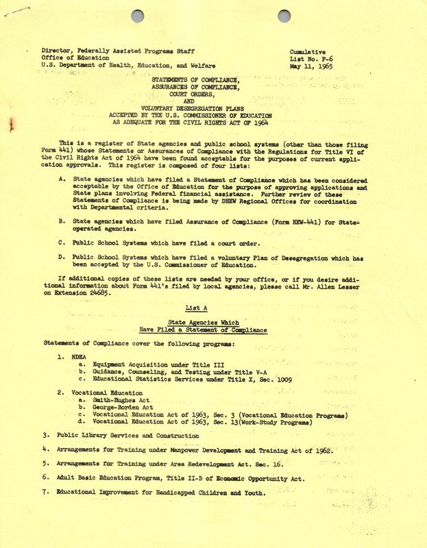 Statements of compliance, assurance of compliance, court orders, and voluntary desegregation plans accepted by the U.S. commissioner of education as adequate for the Civil Rights Act of 1964, May 11, 1965