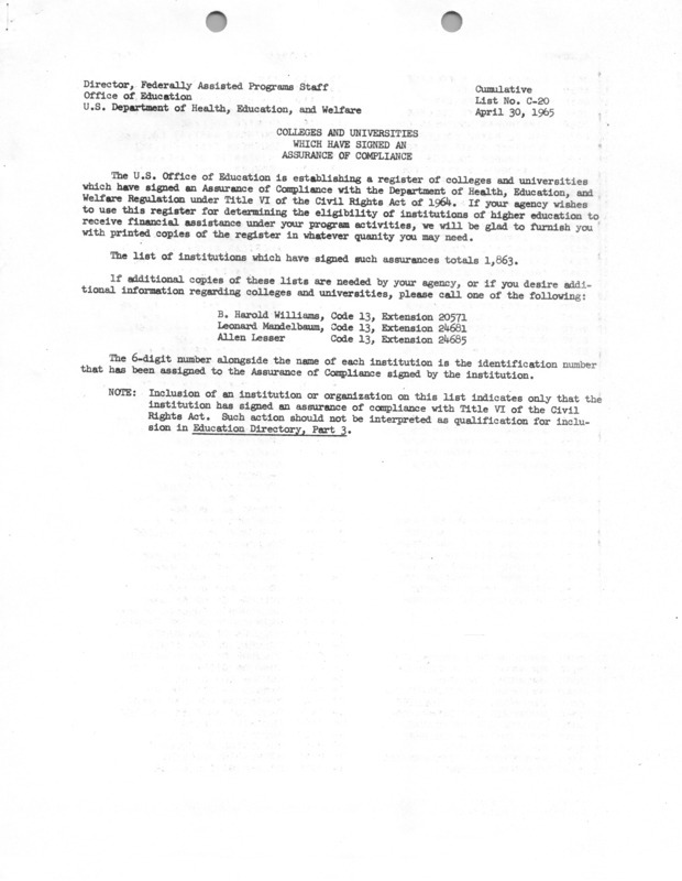 Colleges and universities which have signed an assurance of compliance, April 30, 1965