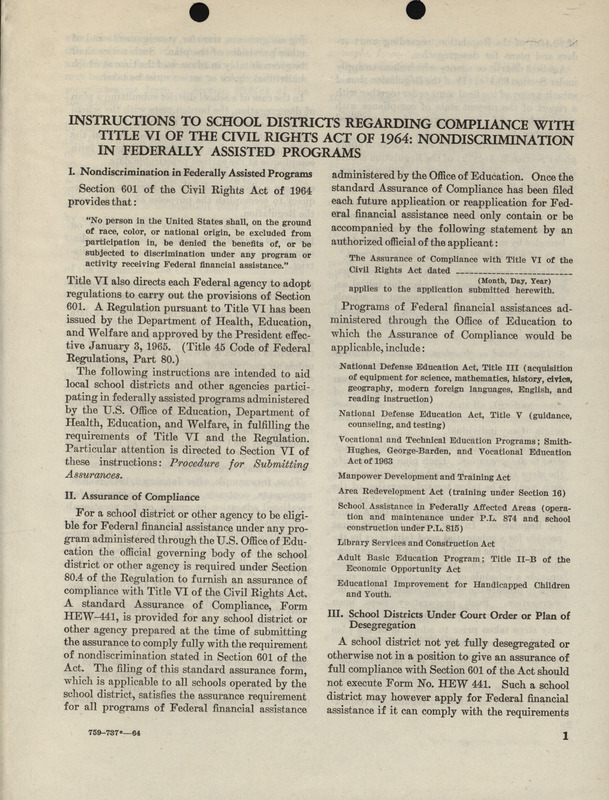 Instructions to school districts regarding compliance with Title VI of the Civil Rights Act of 1964: Nondiscrimination in federally assisted programs