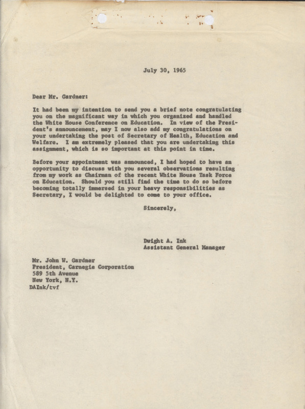 Dwight A. Ink letter to John W. Gardner, July 30, 1965