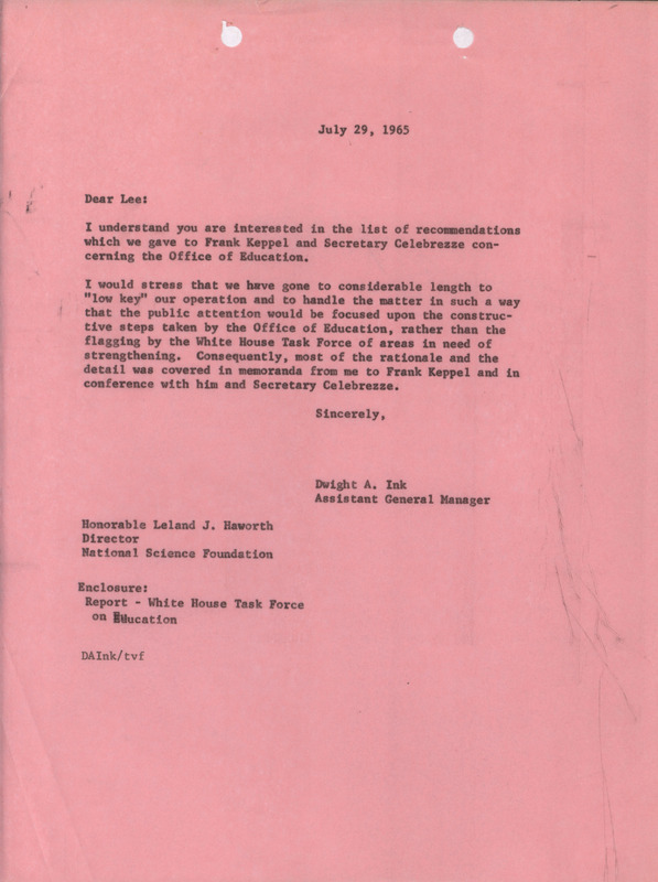 Dwight A. Ink letter to Leland J. Haworth, July 29, 1965