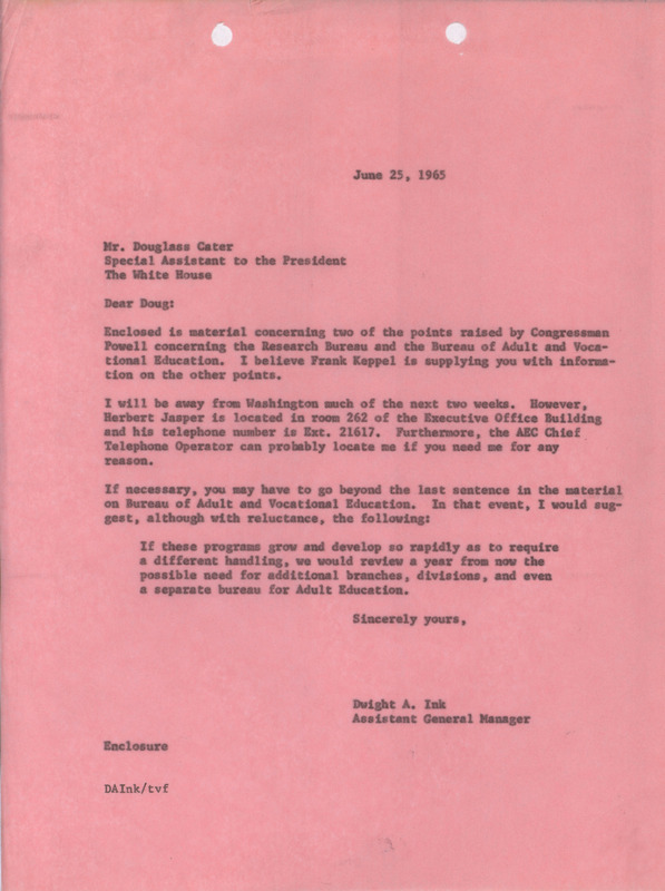 Dwight A. Ink letter to Douglass Cater, June 25, 1965