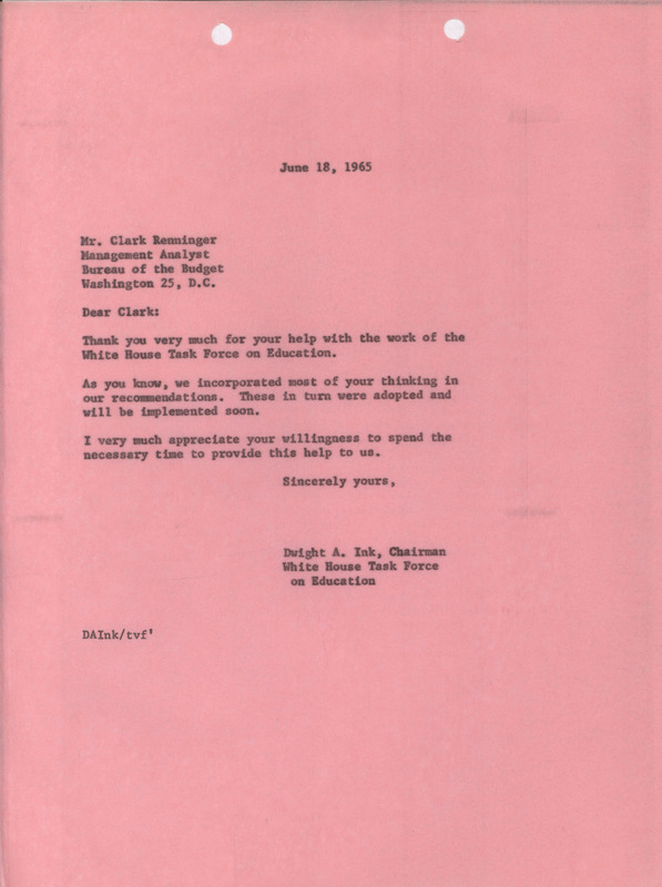 Dwight A. Ink letter to Clark Renninger, June 18, 1965