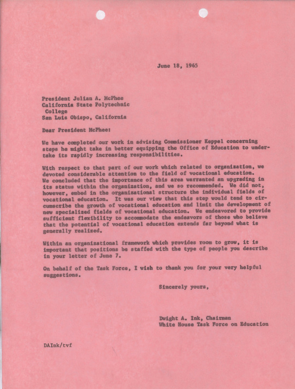 Dwight A. Ink letter to Julian A. McPhee, June 18, 1965