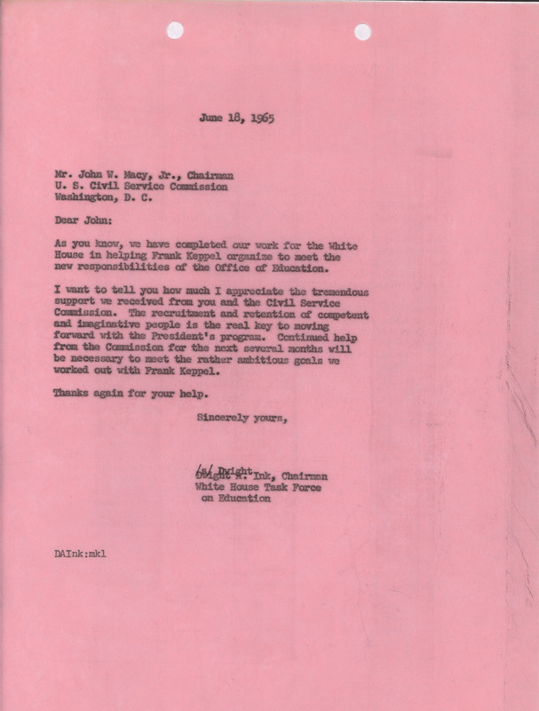 Dwight A. Ink letter to John W. Macy, June 18, 1965