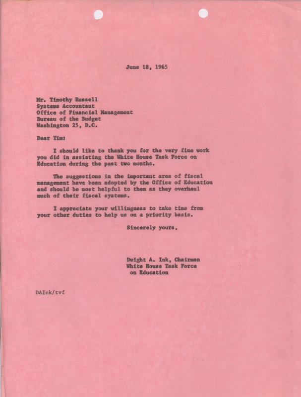Dwight A. Ink letter to Timothy Russell, June 18, 1965