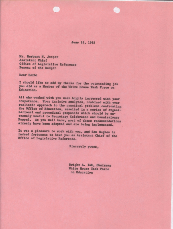 Dwight A. Ink letter to Herbert N. Jasper, June 18, 1965