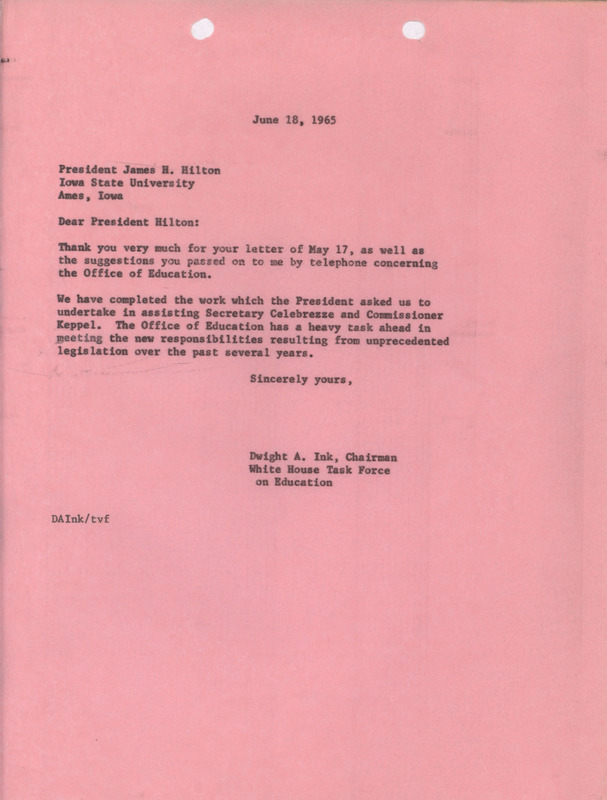 Dwight A. Ink letter to James H. Hilton, June 18, 1965