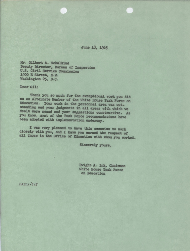 Dwight A. Ink letter to Gilbert A. Schulkind, June 18, 1965