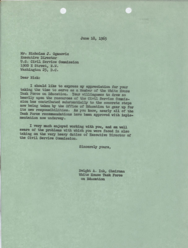 Dwight A. Ink letter to Nicholas J. Oganovic, June 18, 1965
