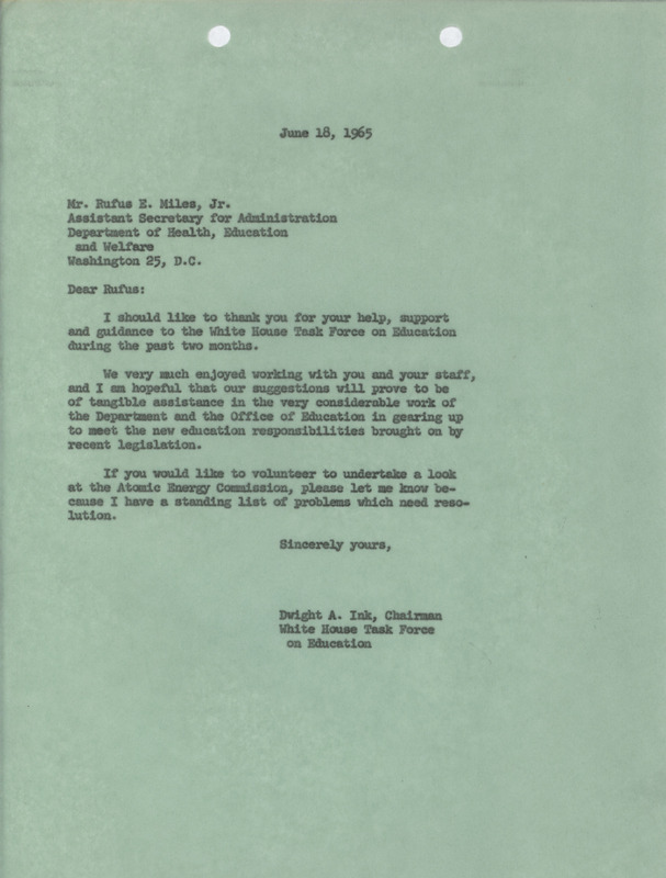 Dwight A. Ink letter to Rufus E. Miles, June 18, 1965
