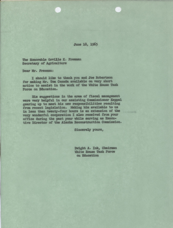Dwight A. Ink letter to Orville K. Freeman, June 18, 1965