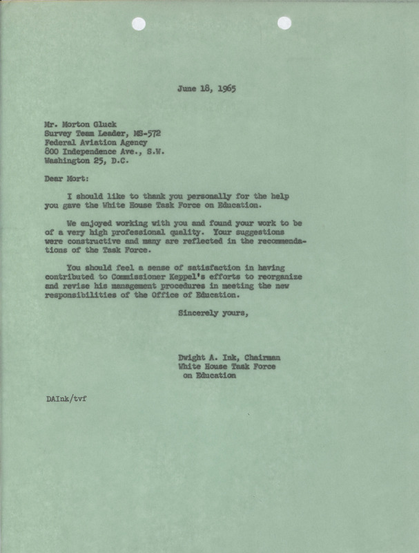 Dwight A. Ink letter to Morton Gluck, June 18, 1965