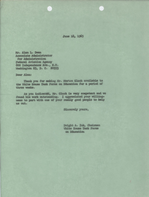 Dwight A. Ink letter to Alan L. Dean, June 18, 1965