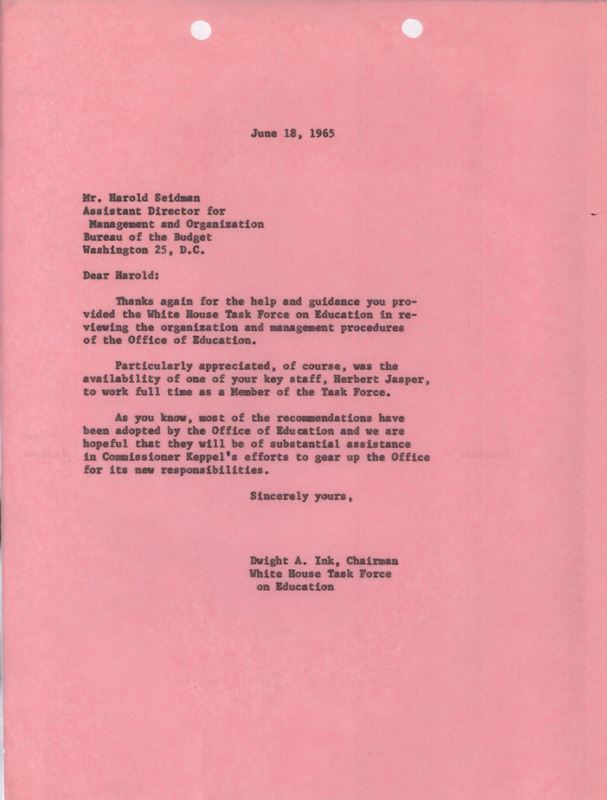 Dwight A. Ink letter to Harold Seidman, June 18, 1965