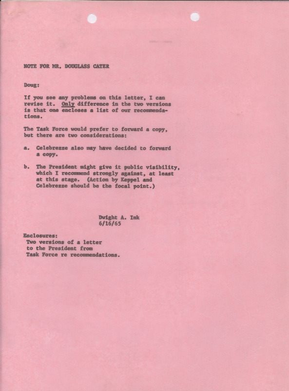 Dwight A. Ink note for Douglass Cater regarding draft letters to the President, June 16, 1965
