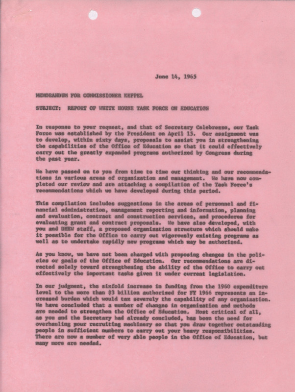 Dwight A. Ink memorandum to Commissioner Keppel, June 14, 1965